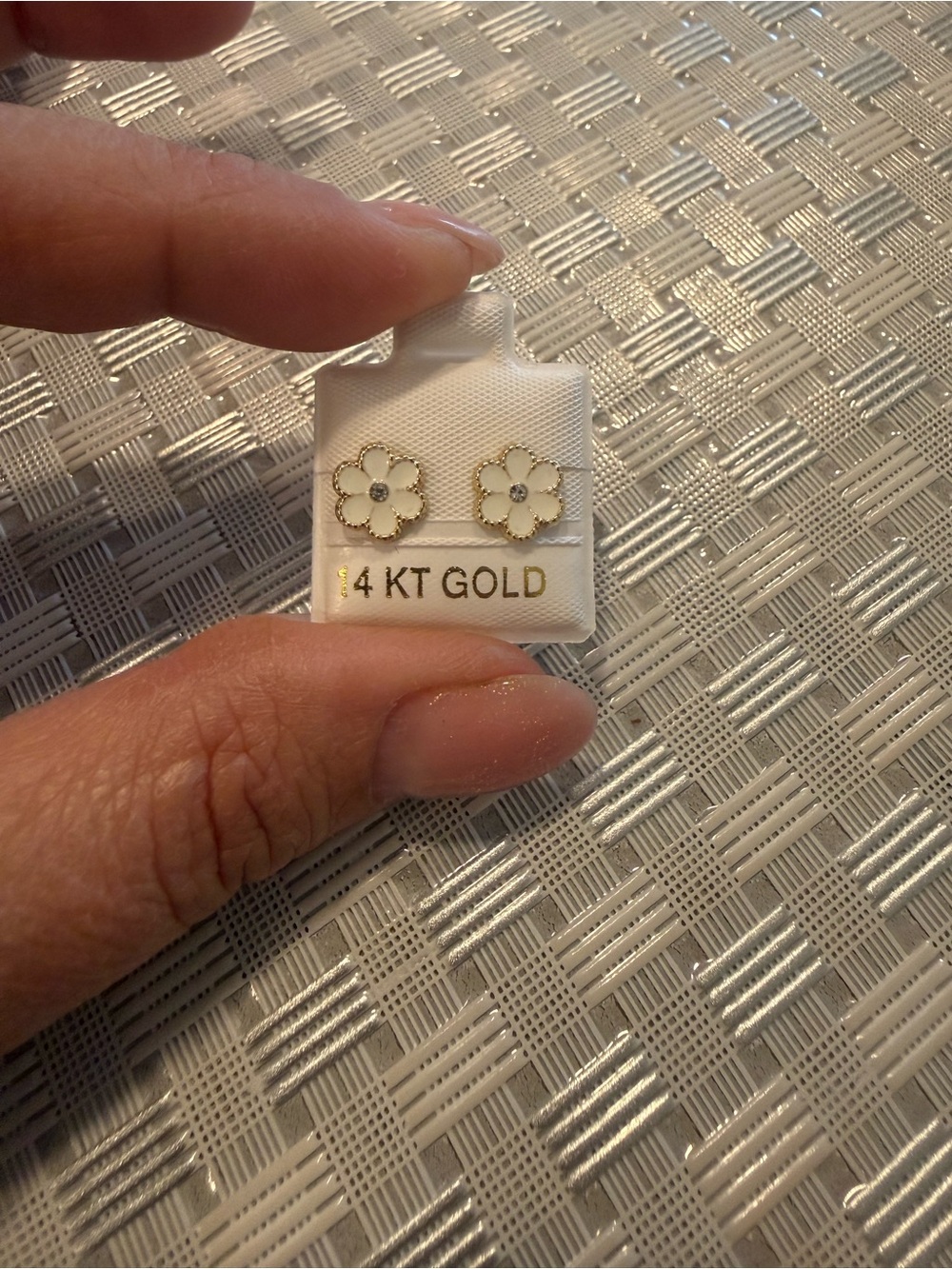 14 KT Gold Flower Stud Earrings with White Enamel